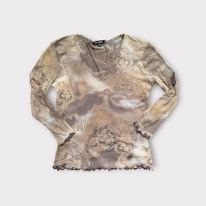 • 90s Y2K Therapy Mesh Top in Brown and Cream 3/4 sleeves sz M